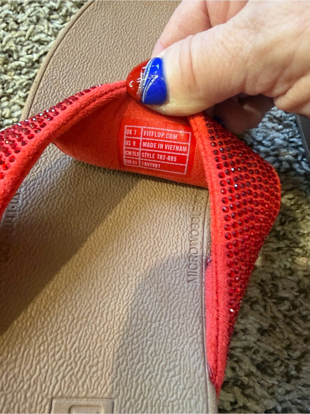 Fitflop Red Rhinestone Thong Sandals with Brown Footbed - Picture 6 of 7